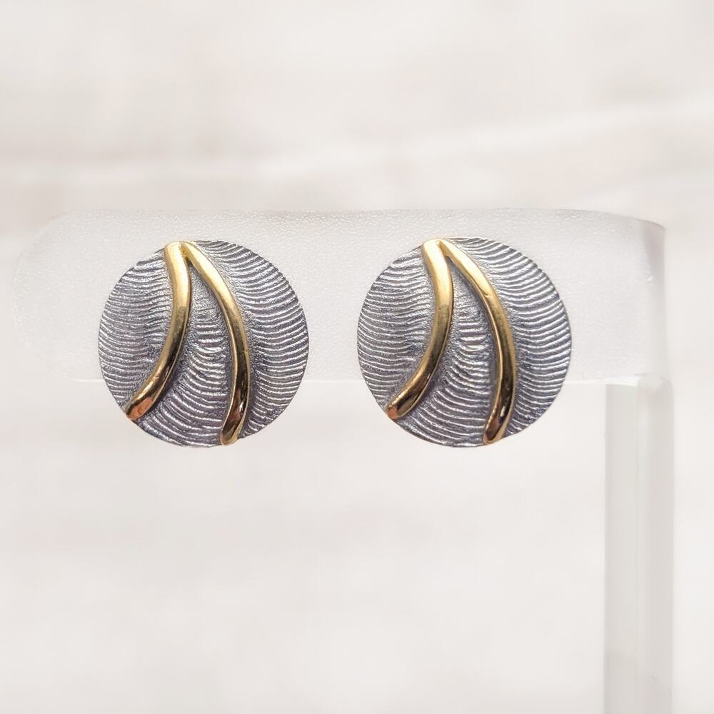 Vintage Clip On Earrings Stylish Silver Tone with Gold Tone Accent Design Circle